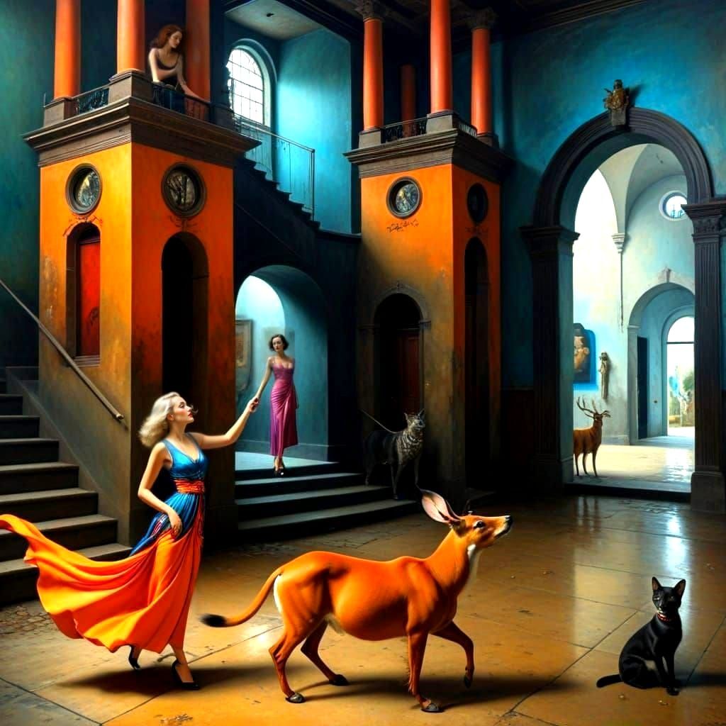 Ladies with Fantastic Animals in Surreal Setting