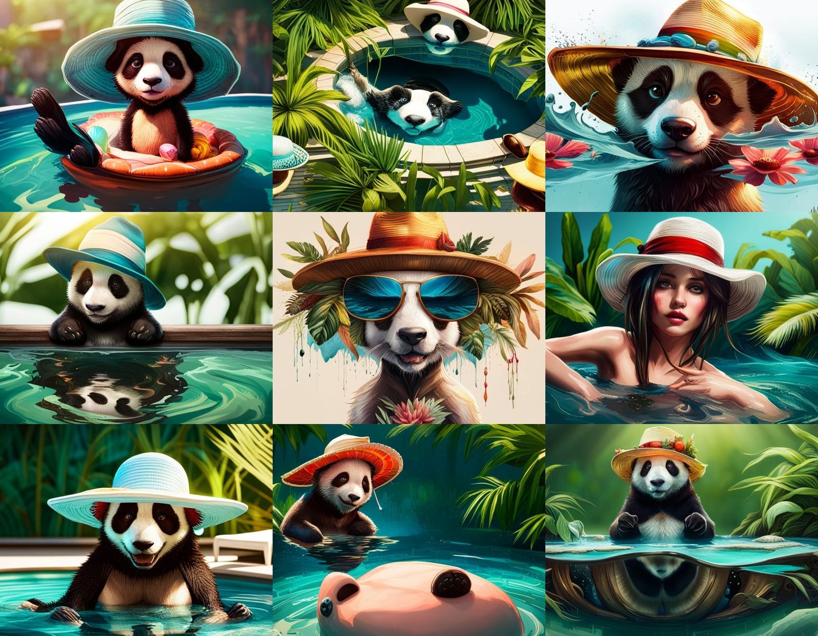 Adorable panda with summer hat in swimming pool, morning background, Carne Griffiths, Lou Xaz, WLOP, intricately detaile...