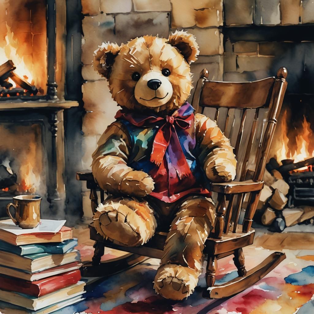 Teddy bear by the fireplace  by @Heleanna
