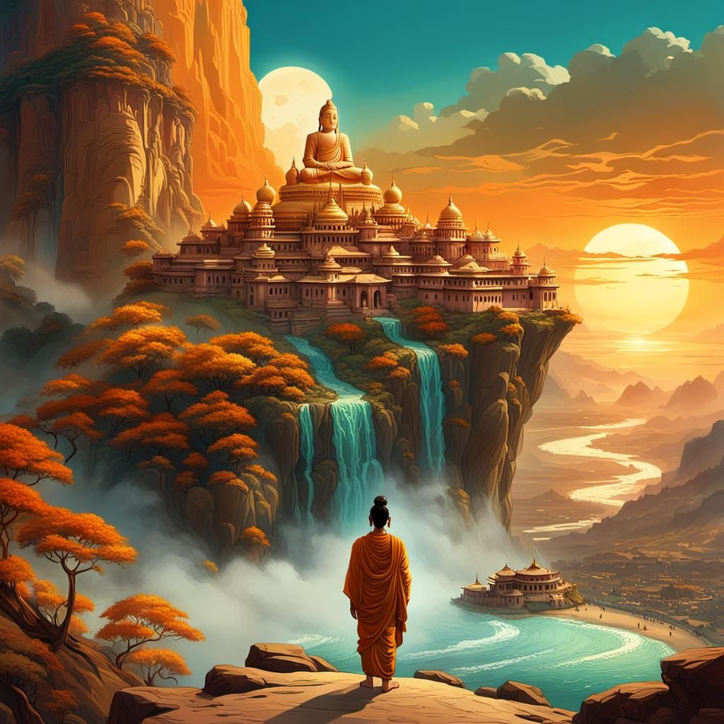 Buddha and Subhuti Overlook Ganges in Art Nouveau Style