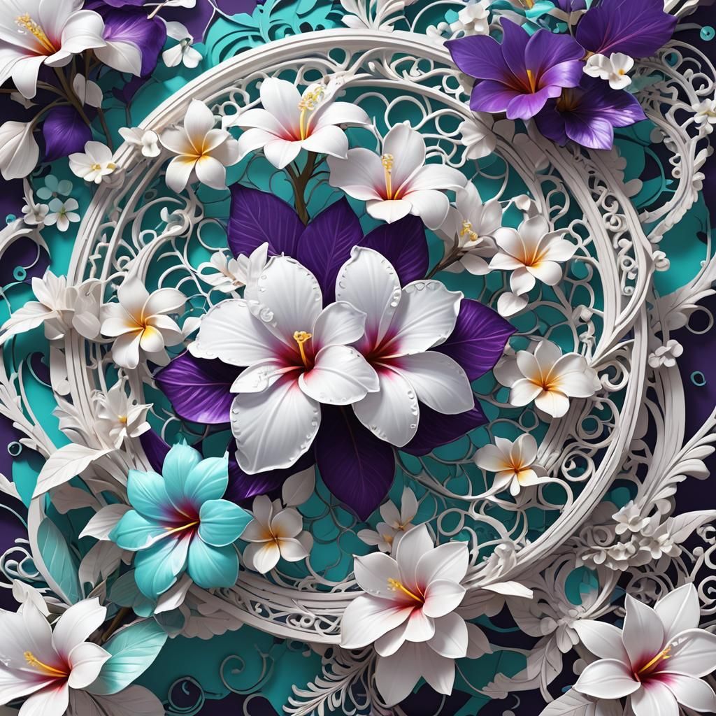 White Filigree plumeria portal purple 
aqua iridescent lace ...