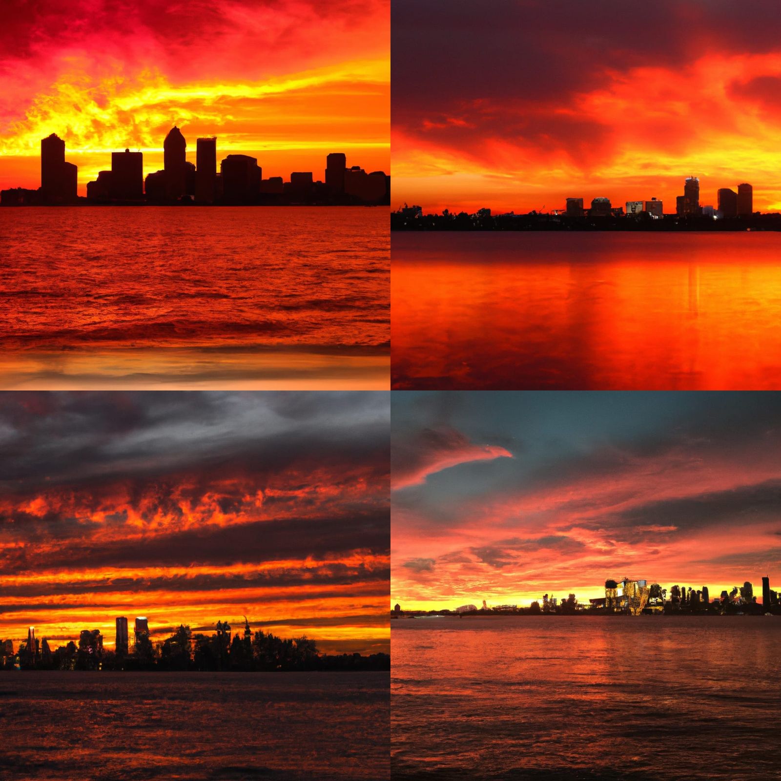 City skyline on fire across the water at sunset
