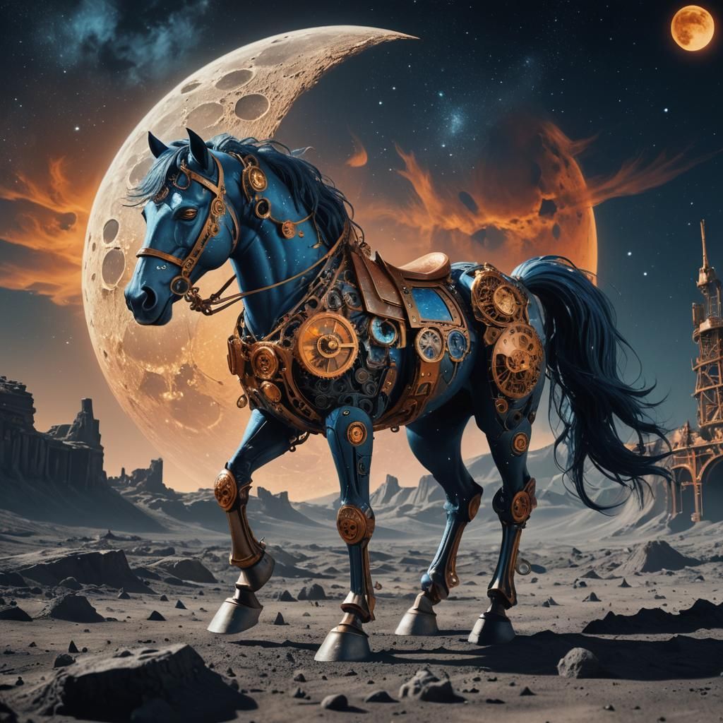 A clockwork pony on the moon with mars in the background 