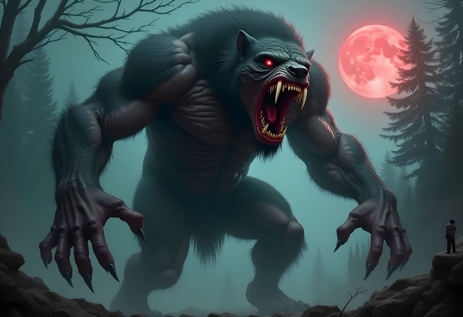 A massive, hulking werewolf towers over its surroundings, st...