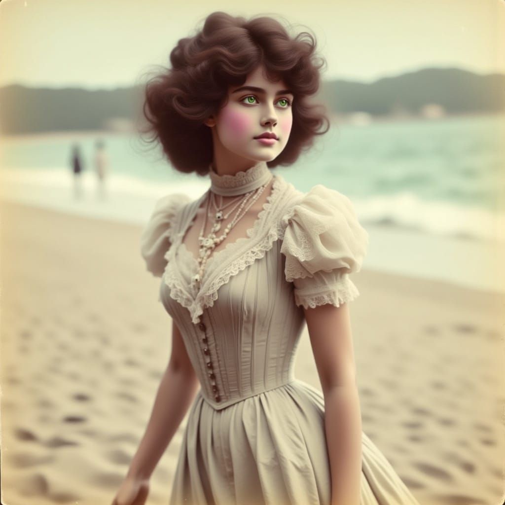  <lora:Flux Gibson Girl:1.0> beautiful ethereal dark haired Gibson girl on a secluded beach walk, soft smile, colorized vintage photo 