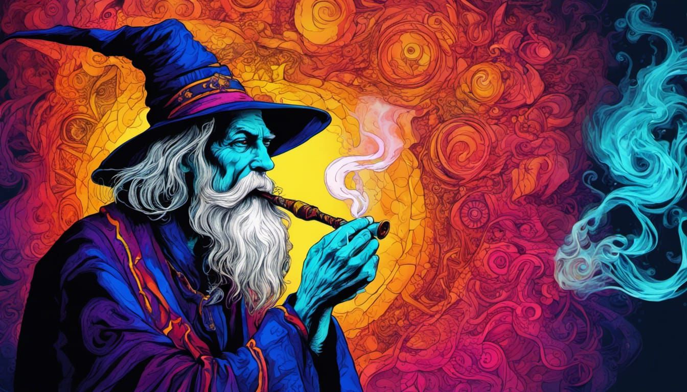 a psychedelic hand-drawn high detail fantasy wizard smoking ...