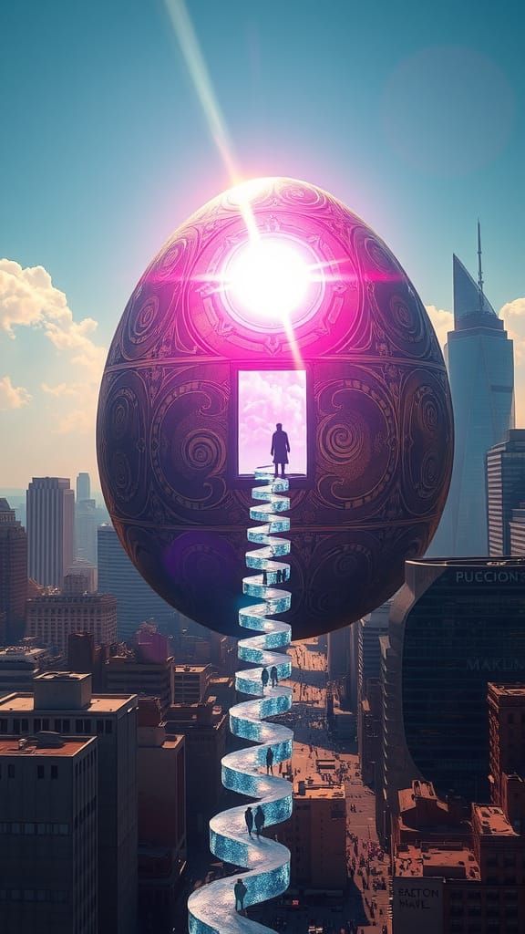 Surreal Metropolis with Iridescent Egg-Shaped Dome and Negat...
