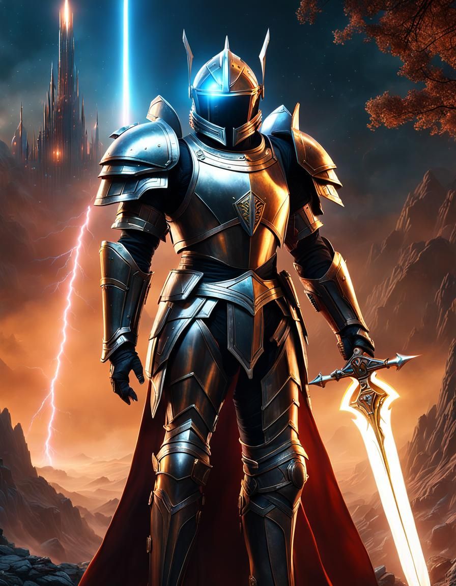 Full body science fiction future bionical knight with mediev...