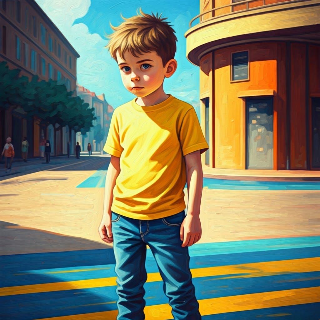 Boy with Determined Expression in Colorful Digital Art