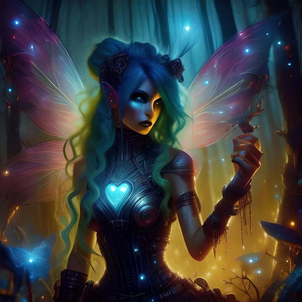 Cyberpunk Fairy in a Cyberpunk enchanted forest <lora:Fairies:1.0> 