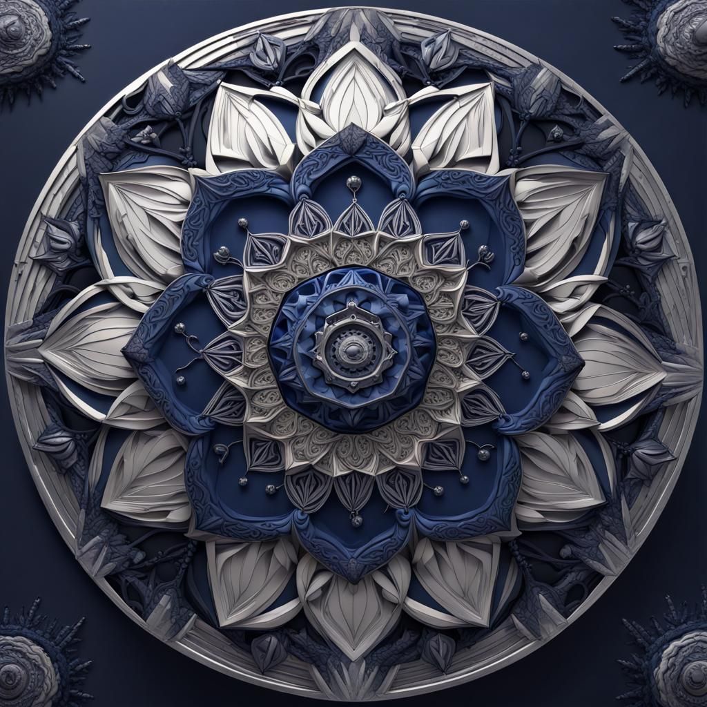 An ornate mandala composed of intricate geometric shapes in metallic silver and deep indigo, embodying ...  by @Artesia