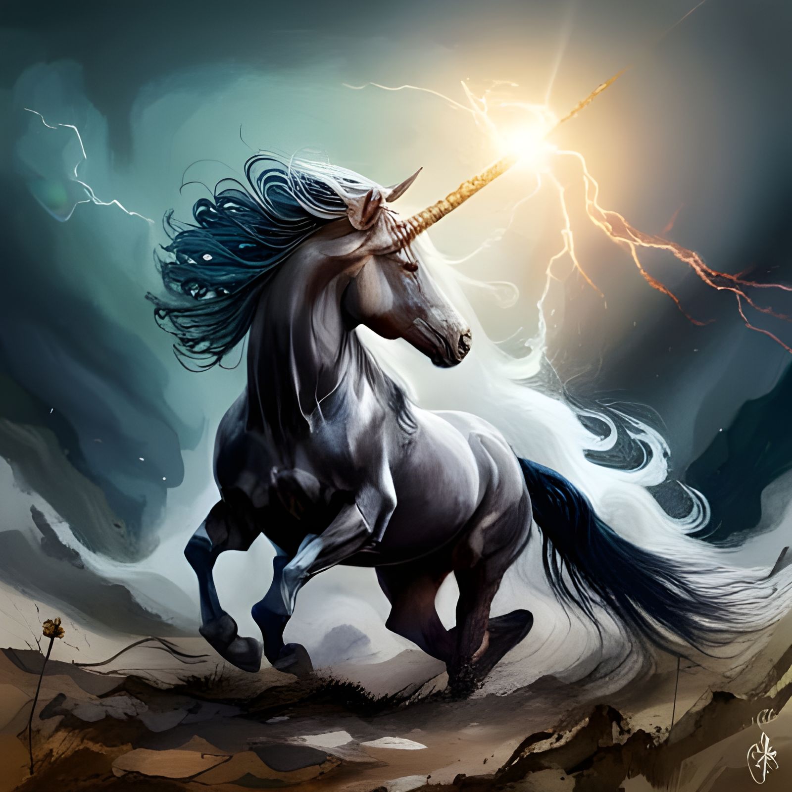 Black Friesian unicorn with blazing eyes flowing main and tail and a gold unicorn horn charging through ...  by @ArtByAj