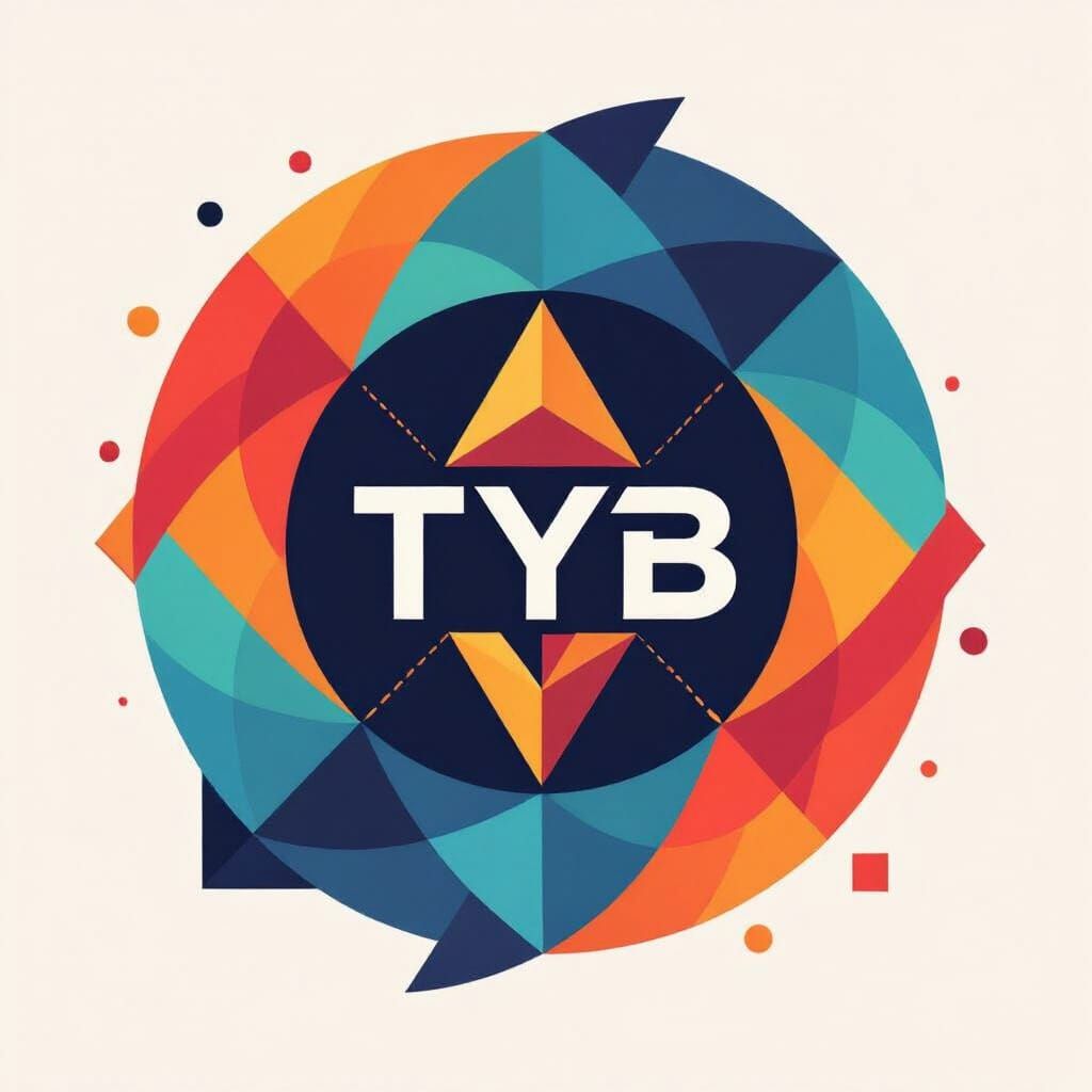 abstract geometric crypto logo, TYB symbol integrated, dynamic triangle and circle patterns, vibrant red orange blue palette, modern blockch...