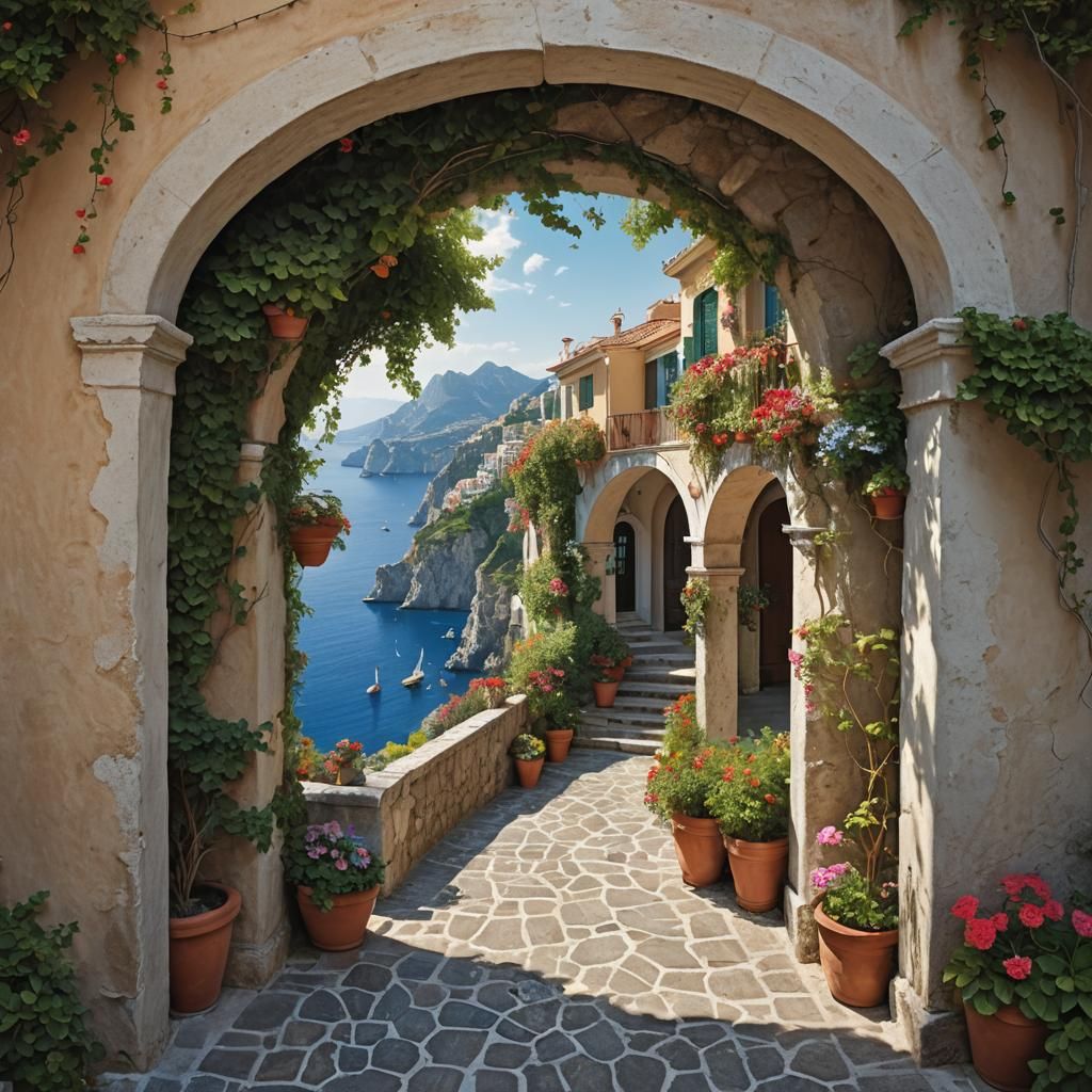 arafed view of a house and a body of water through an archway, italy, fantasy italy, italian mediterranean city, beautiful italian beach sce...