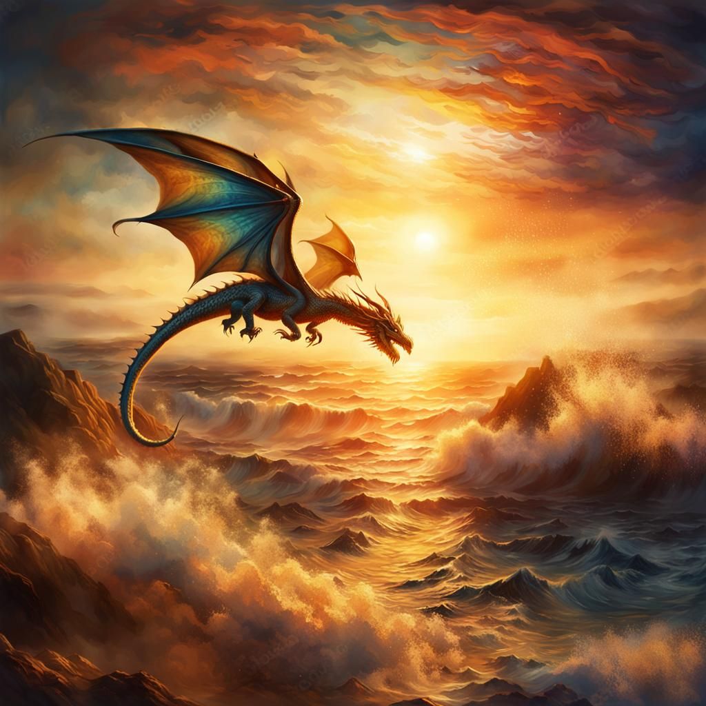 Дракон над морем  в 
лучах заката борется с инопланетянами
