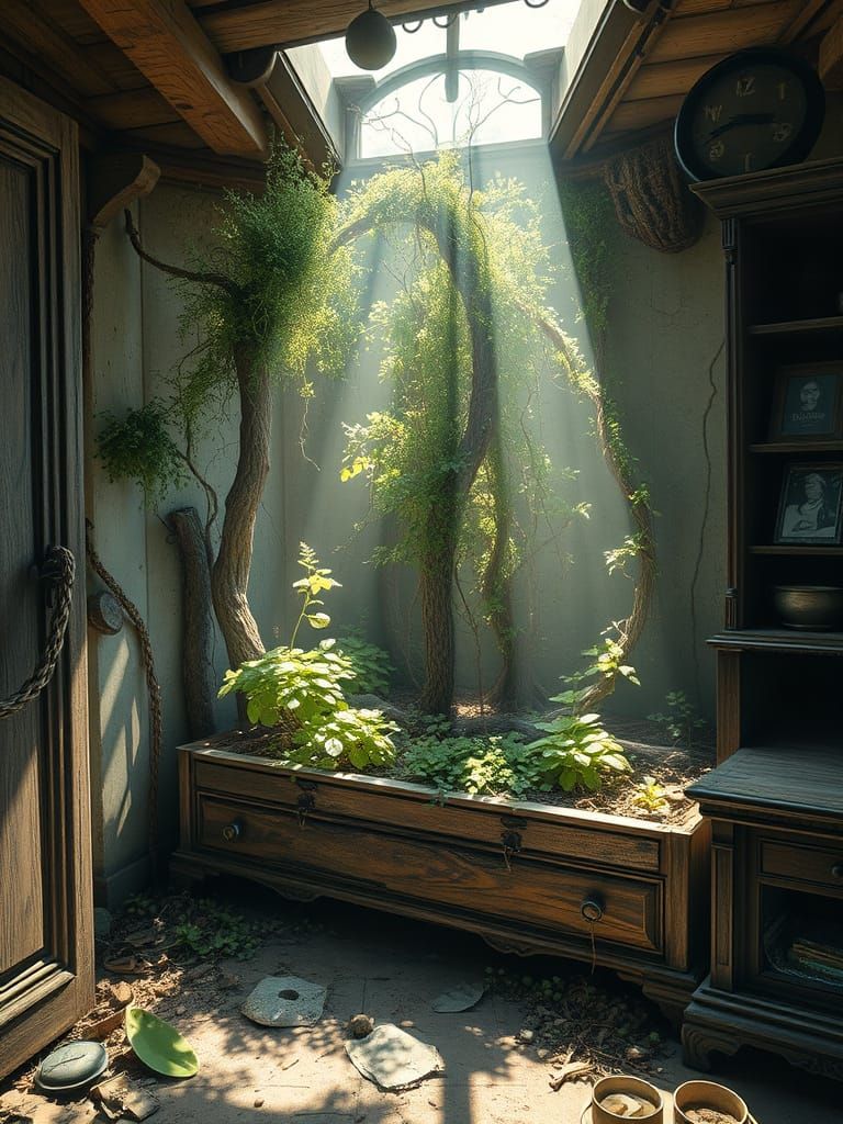  a starting forest in a dilapidated room