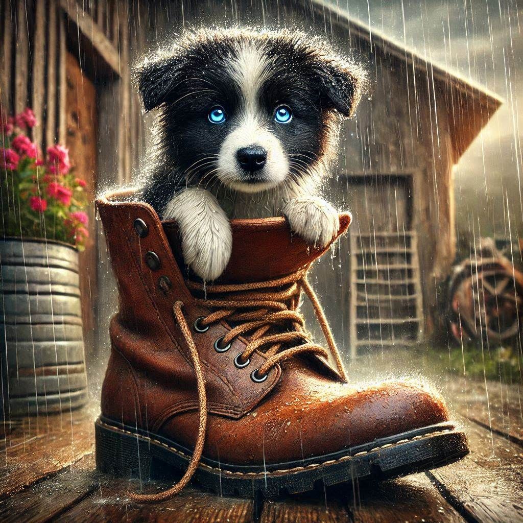Border Collie in a Brown Boot in the rain (2)