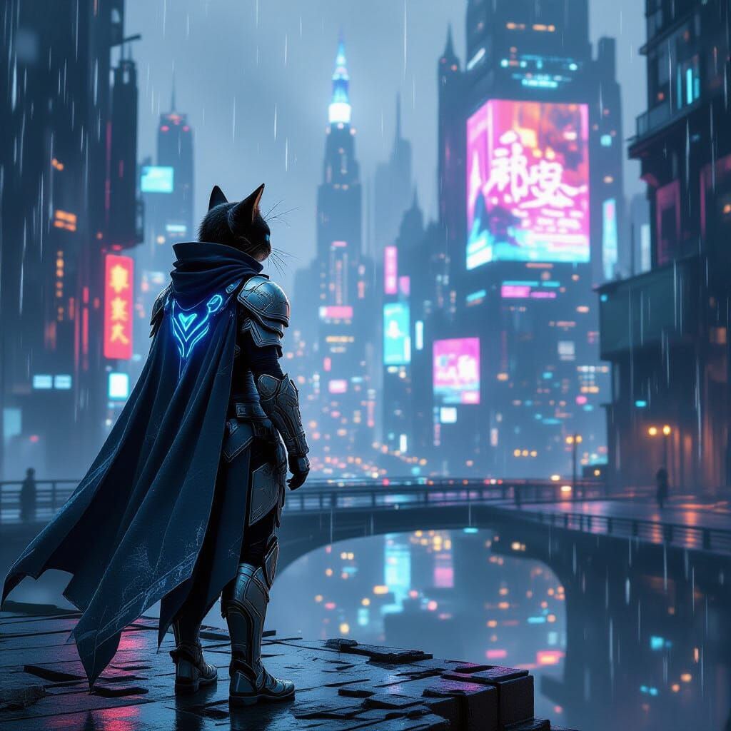 A lone anthropomorphic cat warrior, clad in ornate, futuristic armor with glowing blue accents, stands on a crumbling overpass overlooking a...