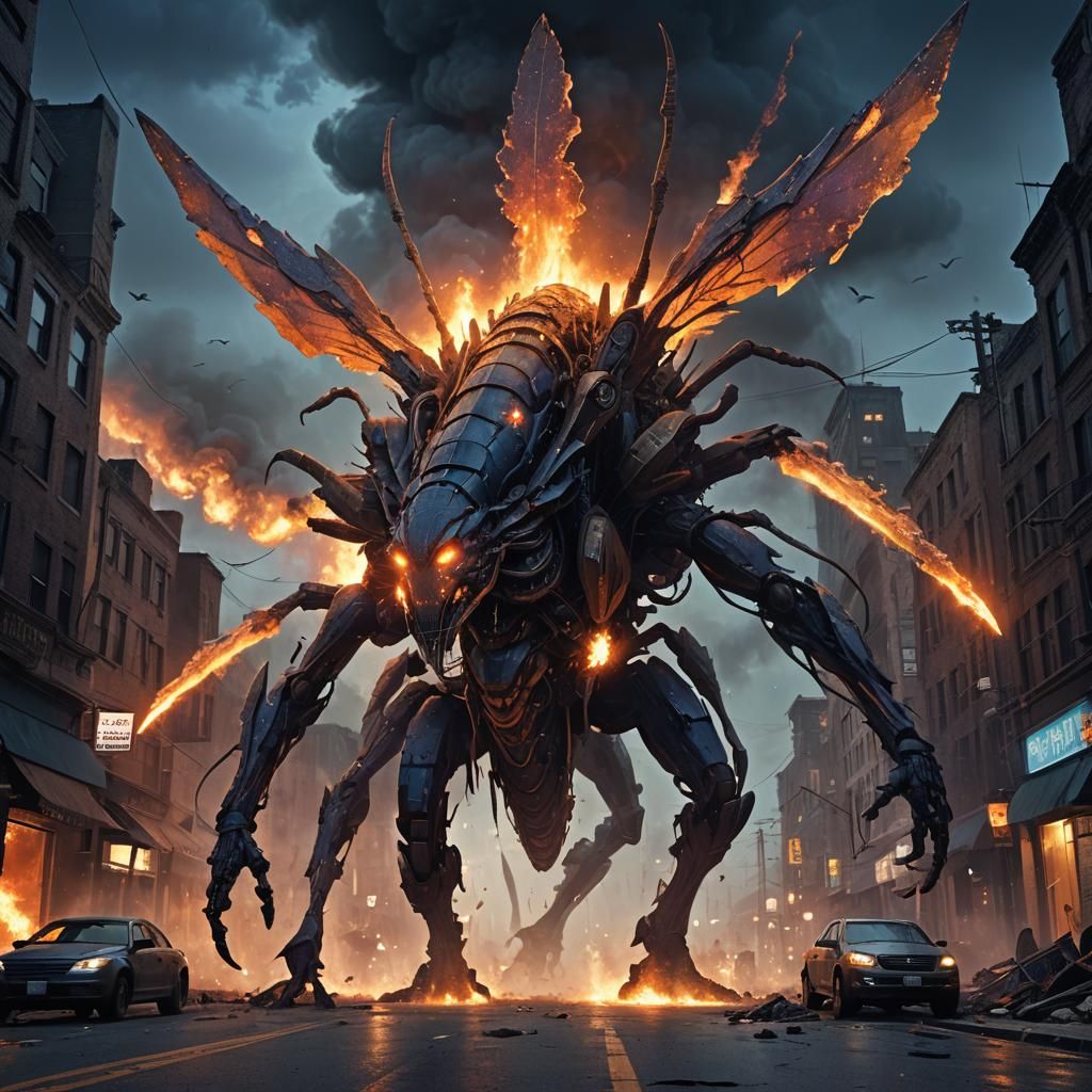 A huge insectoid monstrous creature stalking a war torn city...