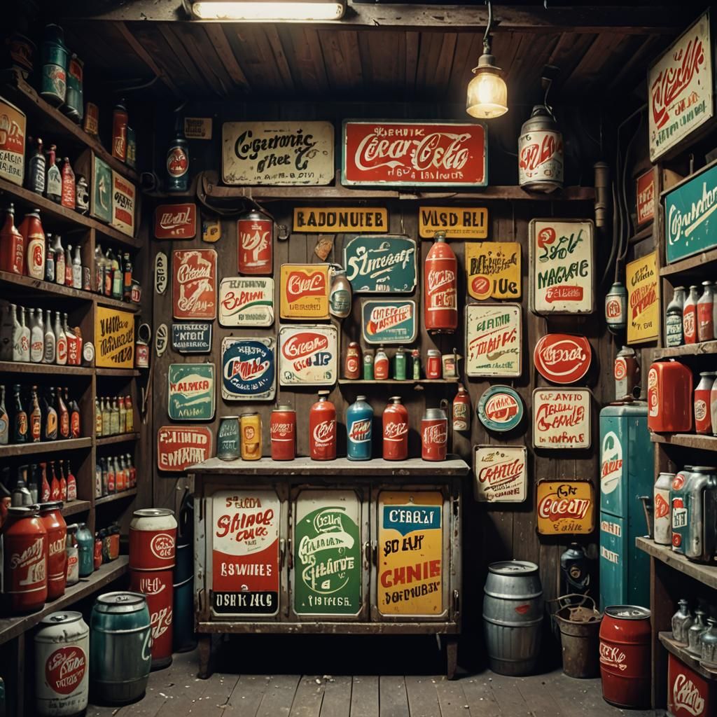 An old shanty garage full of vintage metallic signs advertis...