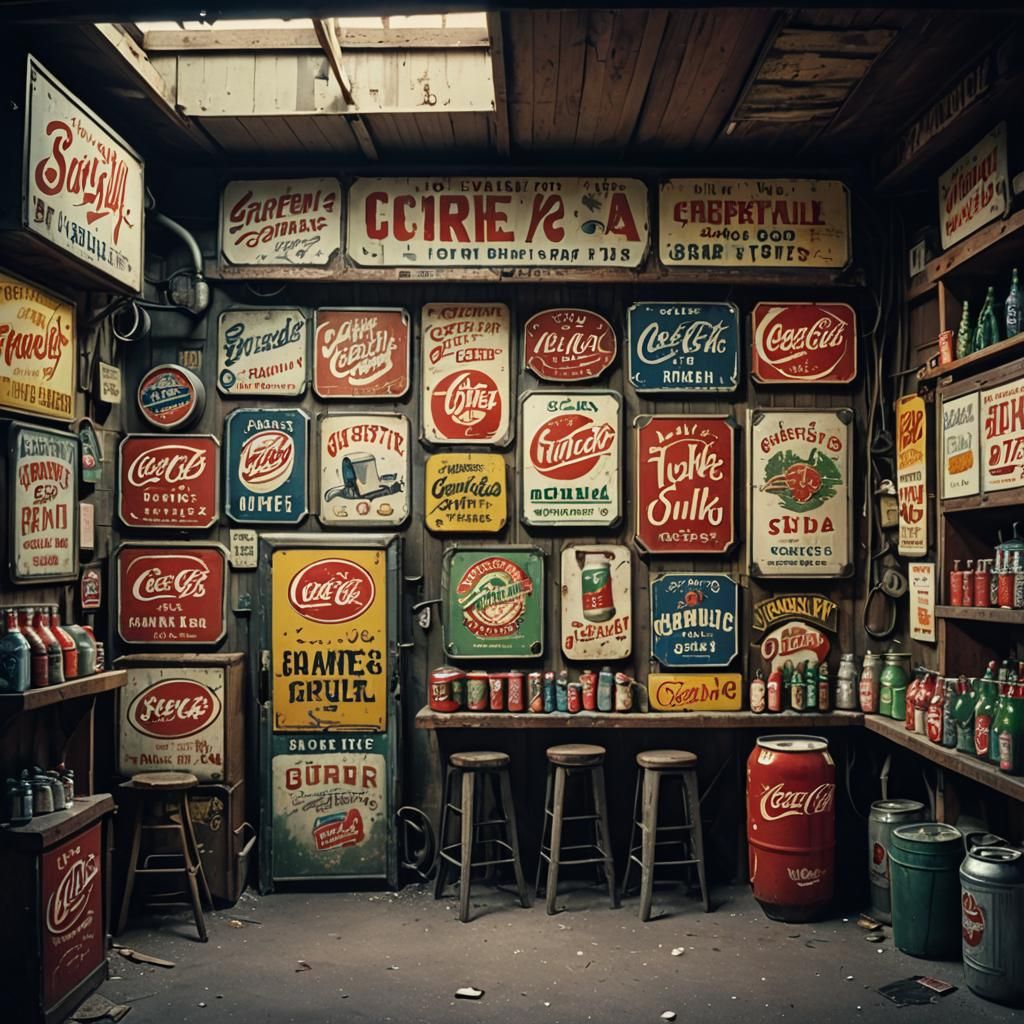 An old shanty garage full of vintage metallic signs advertis...