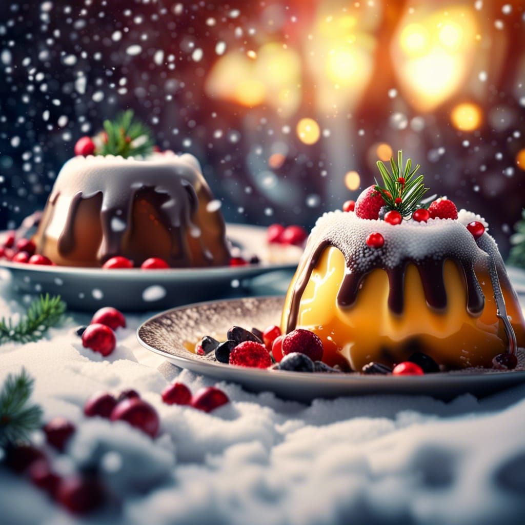 "Chrismas pudding on a snowy day", bright vibrant colors, ex...