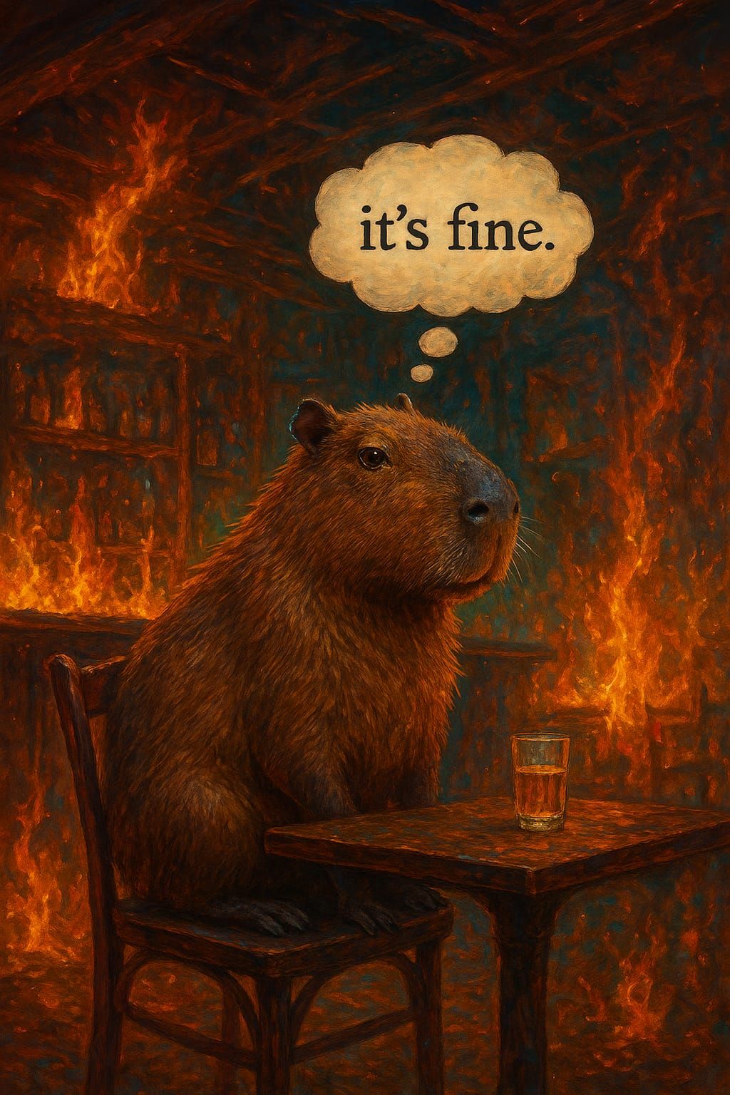 From the meme: a capybara is sitting on a chair in a burning...