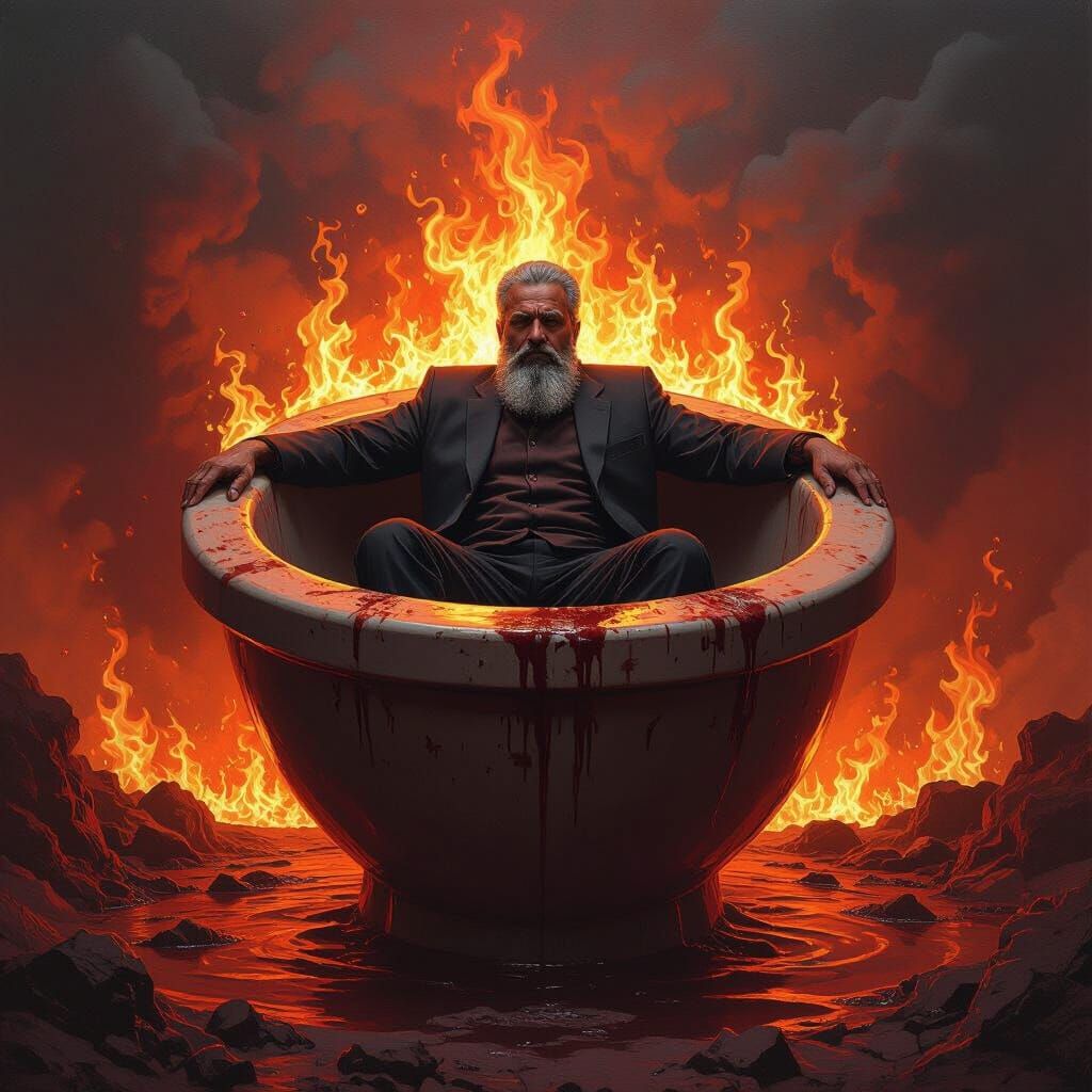 Man in Fiery Hellscape Within Giant Toilet
