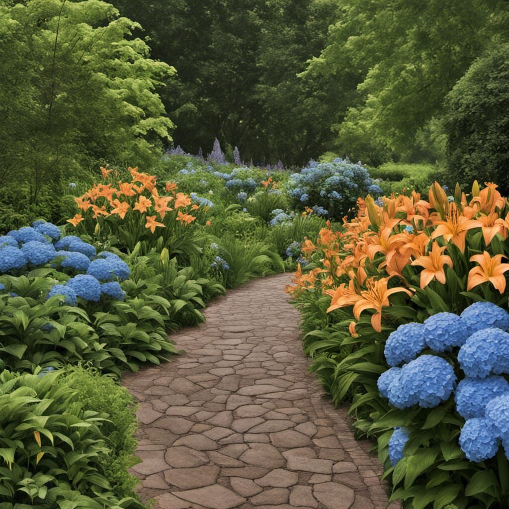 Large day lilies and blue hydrangeas lining garden path, hi resolution, dark outlining, dew covering ...  by @undefined