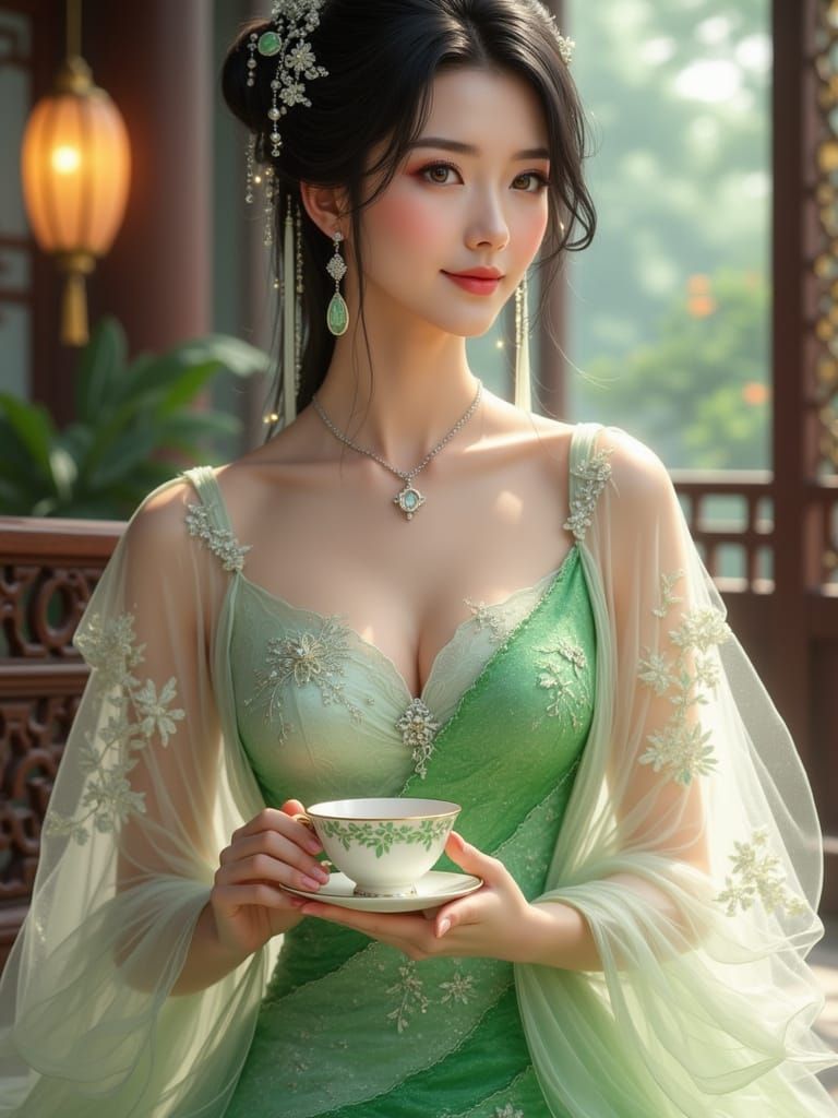 Chintasy. A black haired, amber-eyed middle aged woman in fantasy layered [gradient colored] patterned summer dress with flowing translucent...