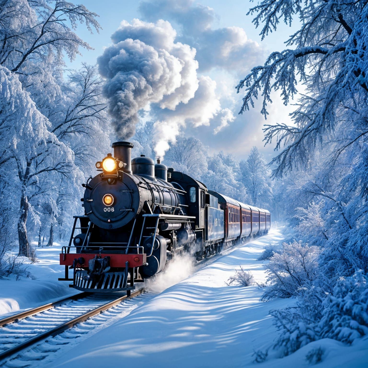 A train heading towards the North Pole, passing through the icy plains, is moving through a hidden grove where ancient flowers and trees are...