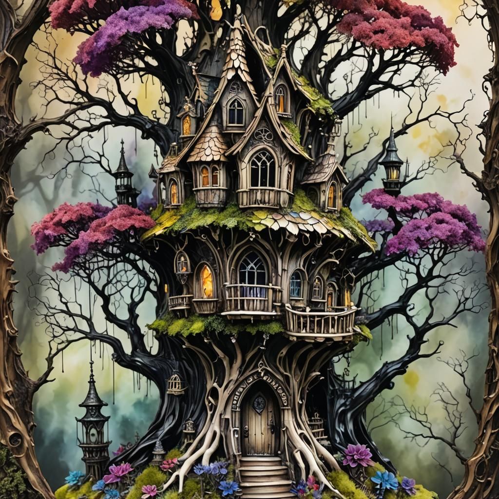Intricate gothic  fairy  tree house made of bone ,alcohol inks ,     by @NyghtOwlArt