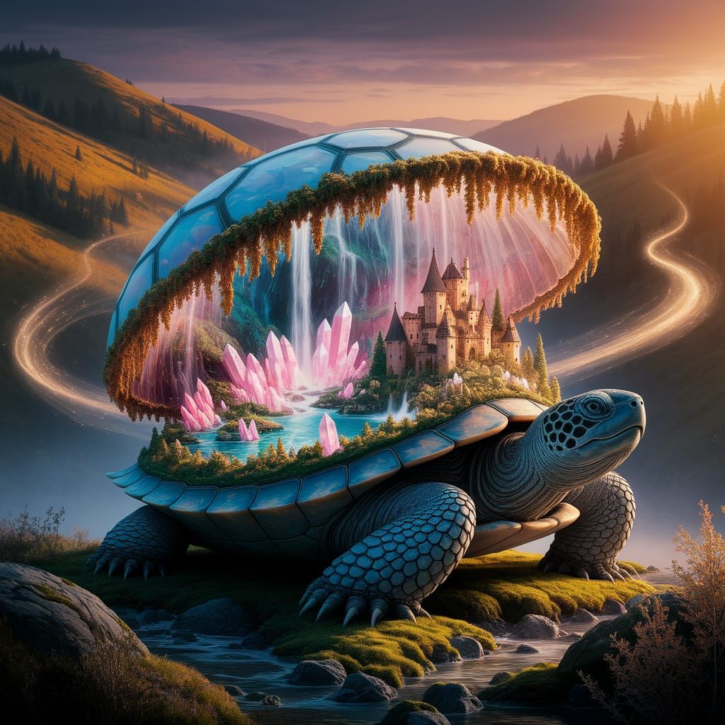 A giant ancient turtle lying on the ground, its massive transparent shell reveals a magical world inside — a floating island with waterfalls...