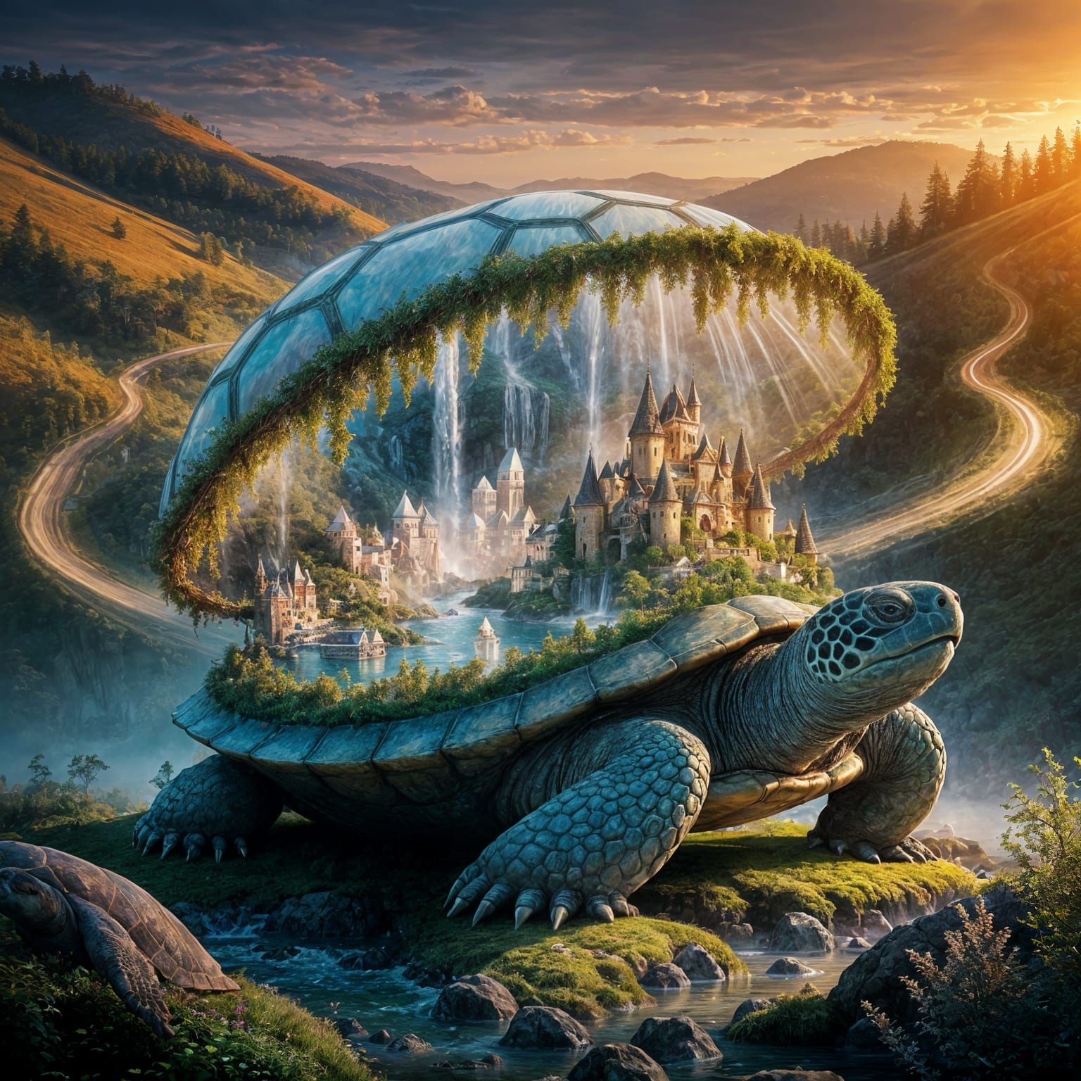 A giant ancient turtle lying on the ground, its massive transparent shell reveals a magical world inside ...  by @Likra