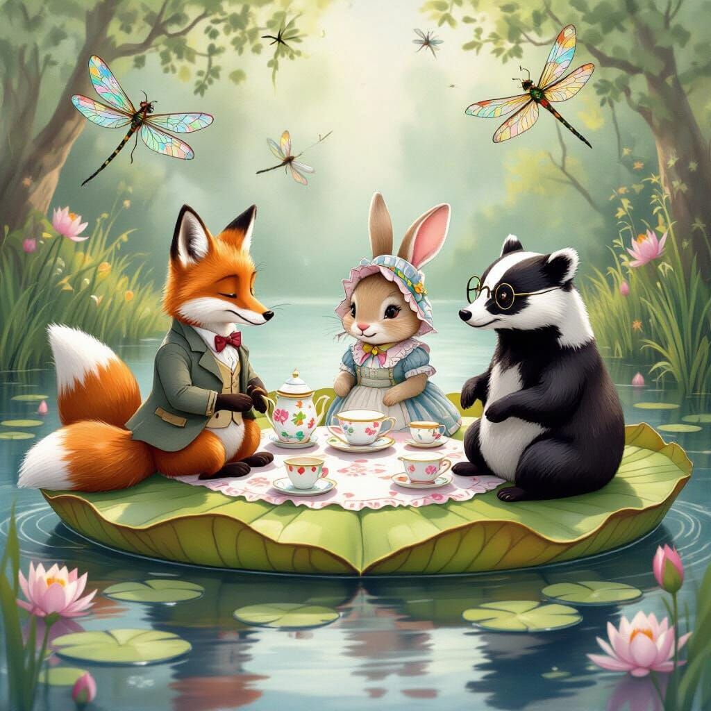A whimsical scene of anthropomorphic woodland creatures having a tea party on a giant, floating lily pad in a serene, enchanted pond. Delica...