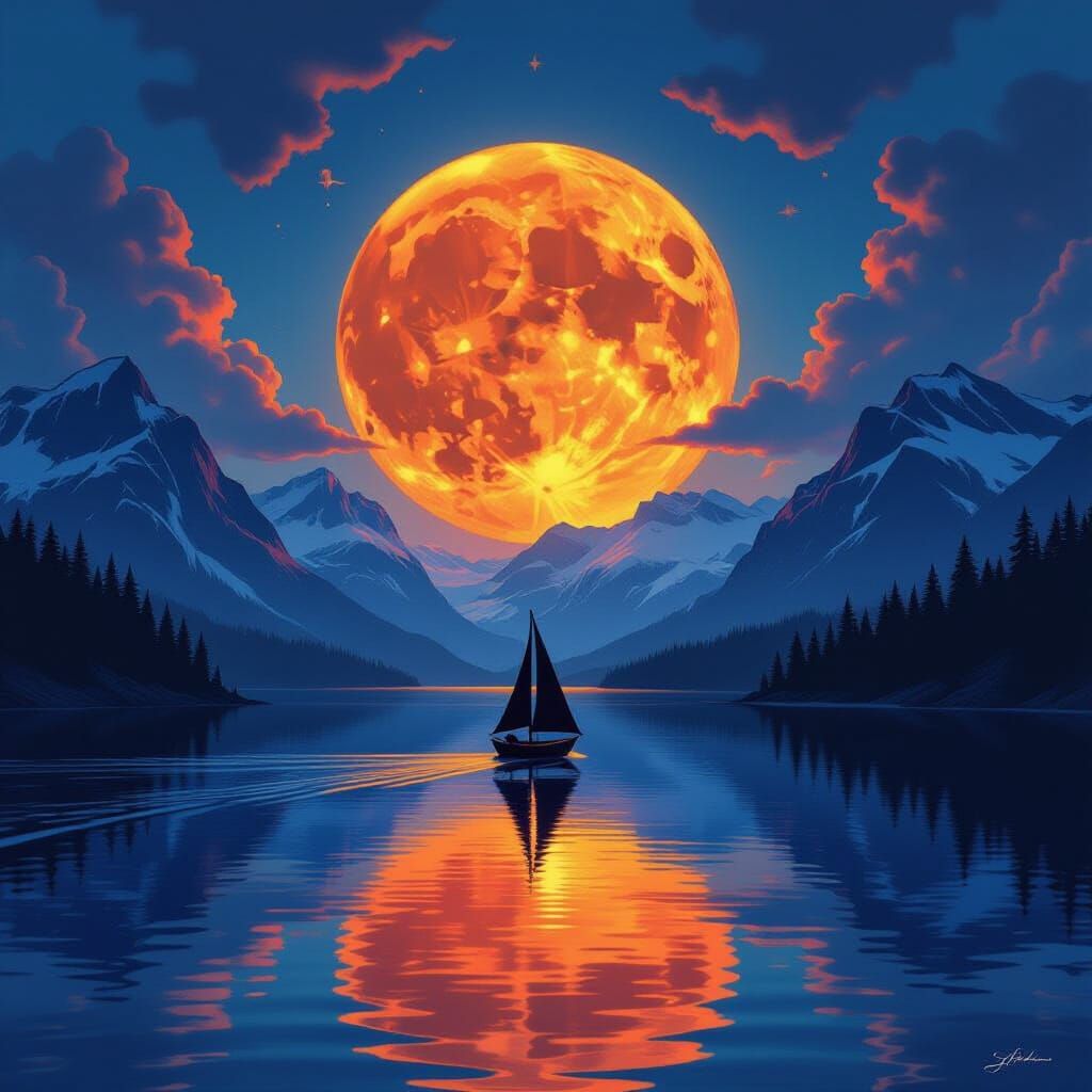 Digital painting of a surreal landscape with a large, vivid orange moon and a serene lake reflecting blue-orange hues. A sailboat glides acr...