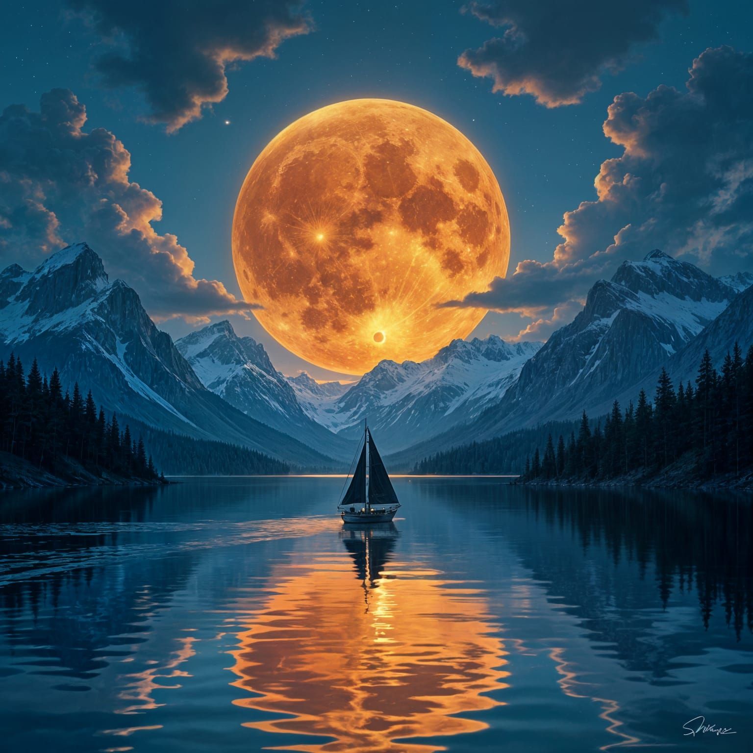 Digital painting of a surreal landscape with a large, vivid orange moon and a serene lake reflecting ...  by @My_project