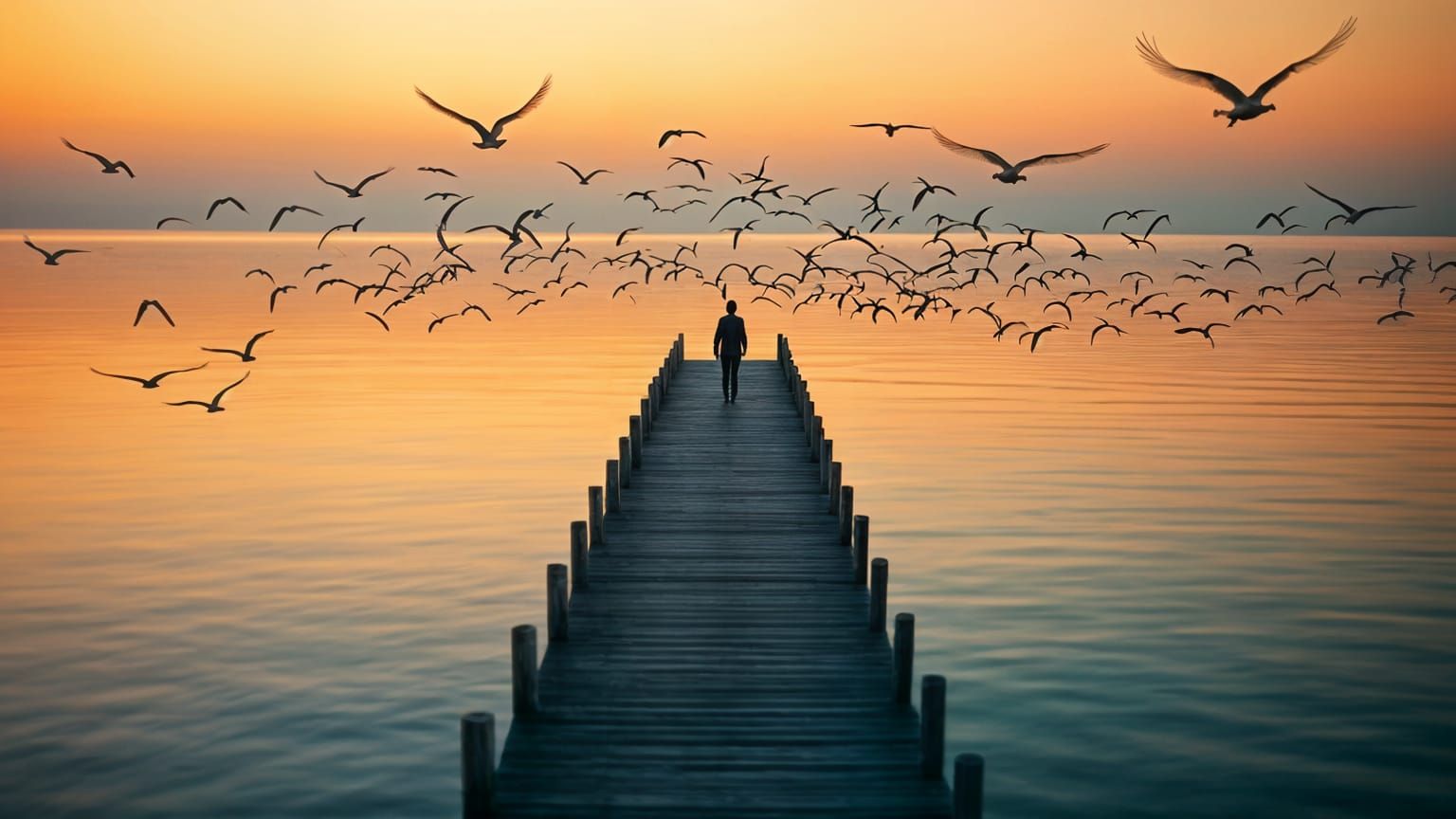 Lone Figure on Pier at Sunset: Analog Style Photography