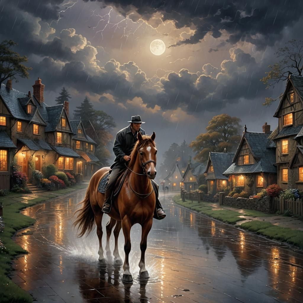 1 brown small pony bare back
 dark rainy village
night
pouri...