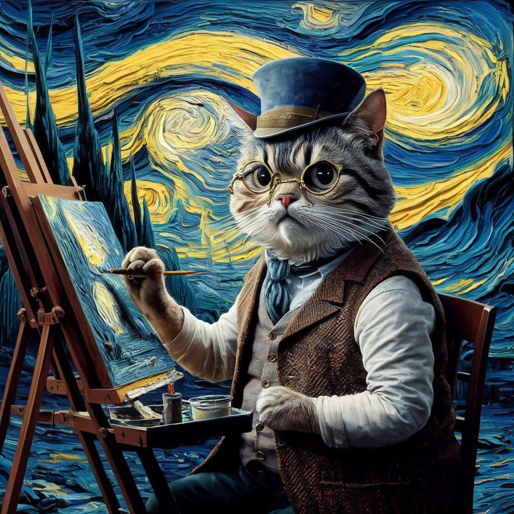 A professorial cat in the style of Van Gogh painting a version starry night  by @Pacjo