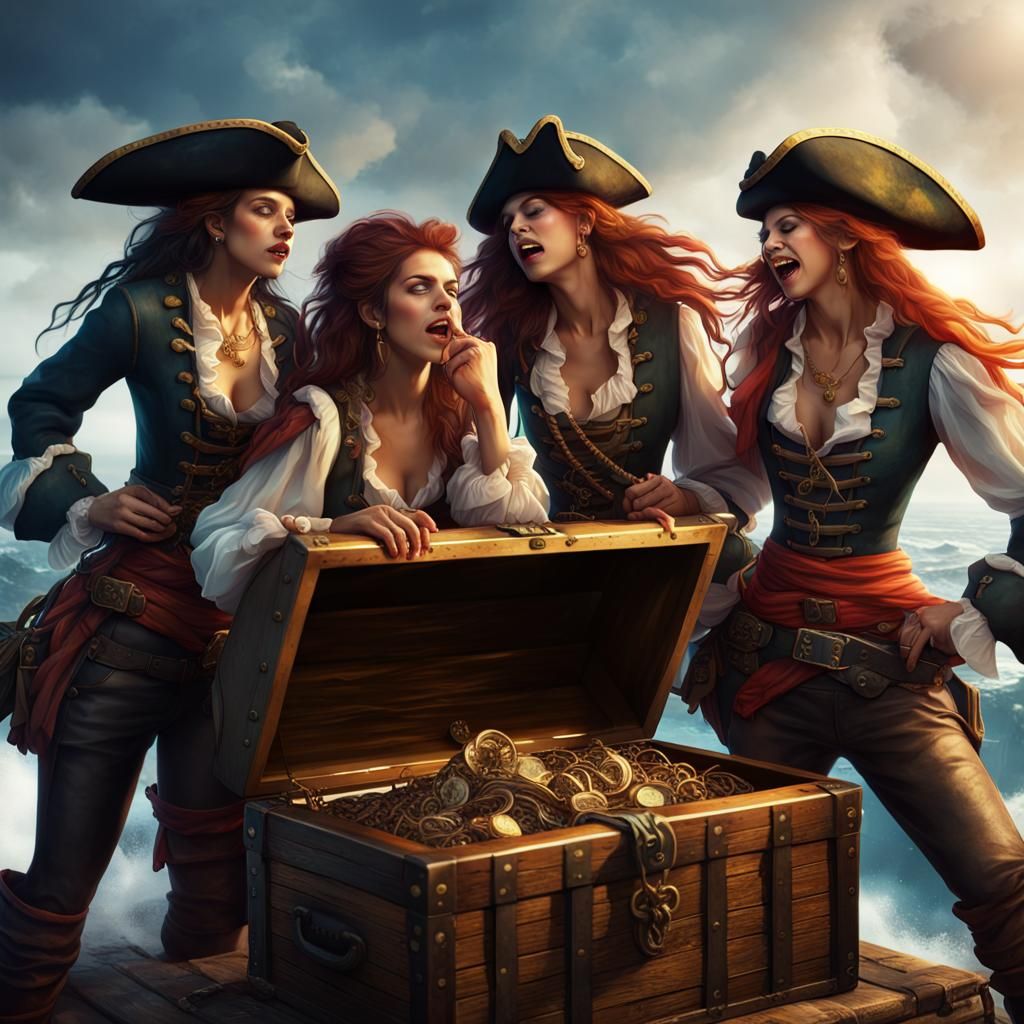 four female pirates leaning over a treasure chest their face...