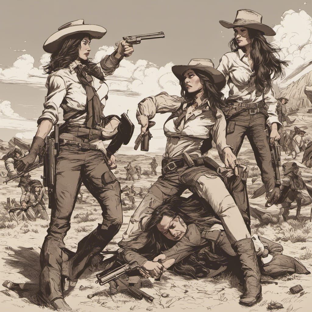 Two cowgirls are defending a wounded man. There are more than ten angry and dangerous men in front of ...  by @undefined