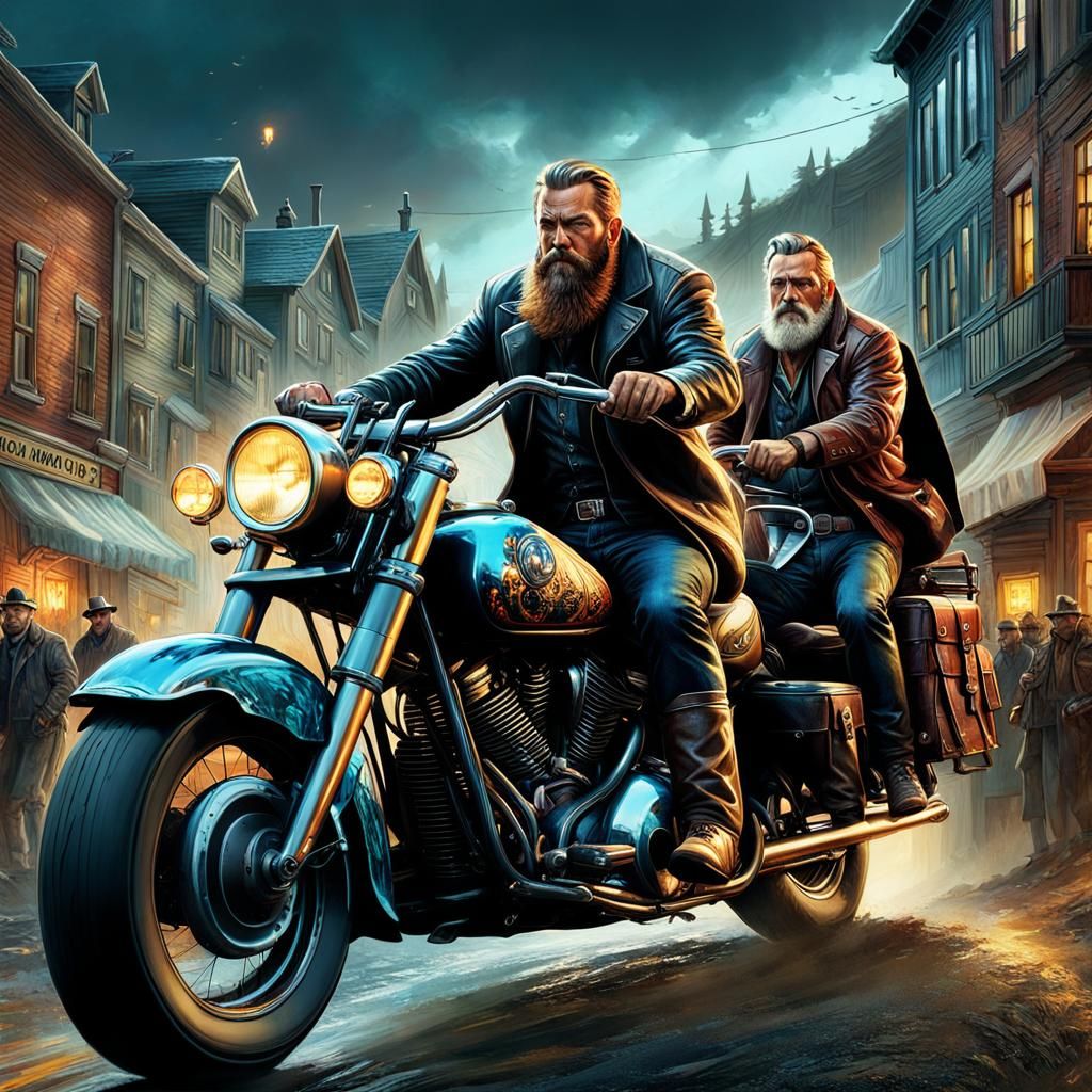 Outlaw biker brothers rides into town on their tandem bike