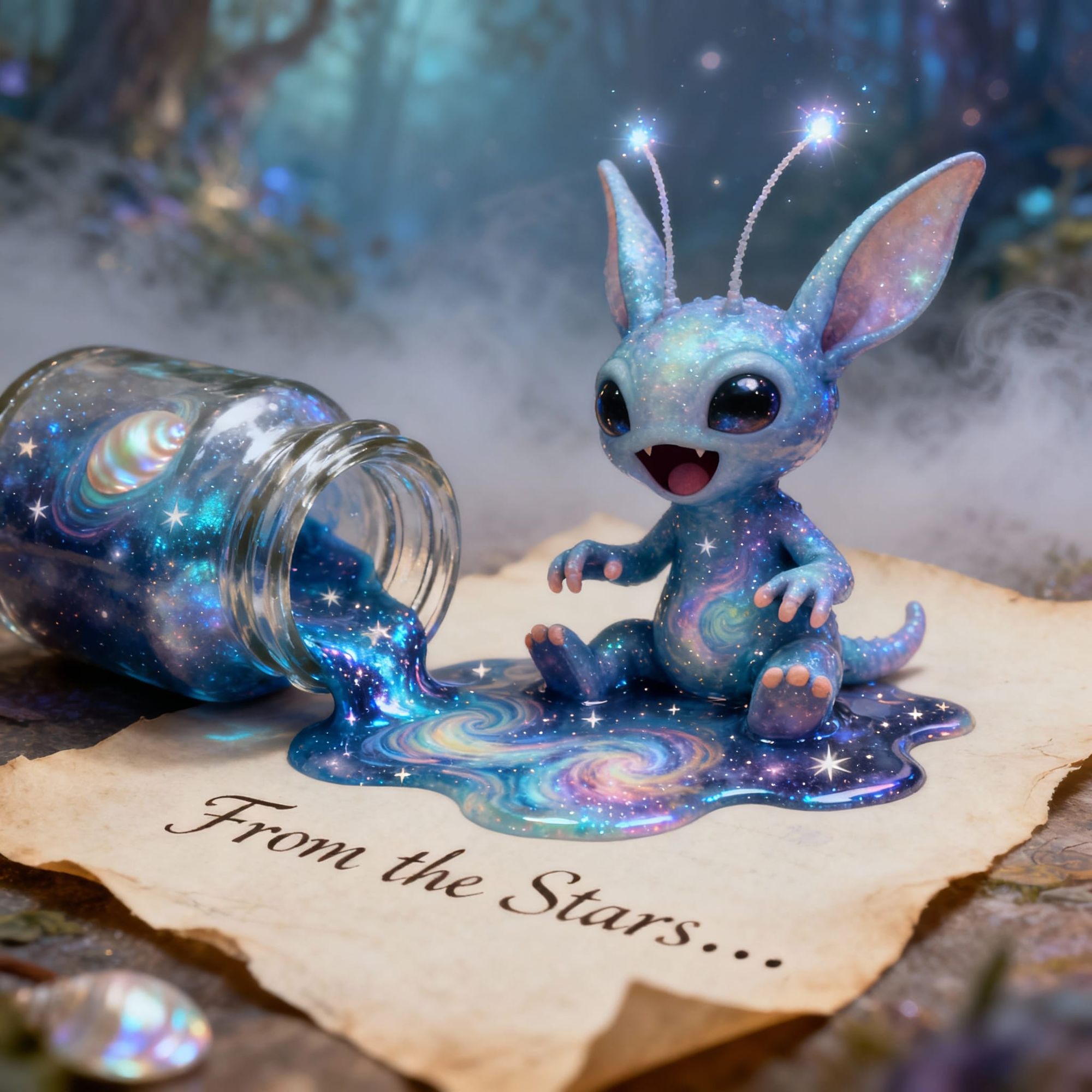 A whimsical, hyper-detailed fantasy scene in soft cinematic lighting. On an old parchment page with the elegant handwritten words “From the ...