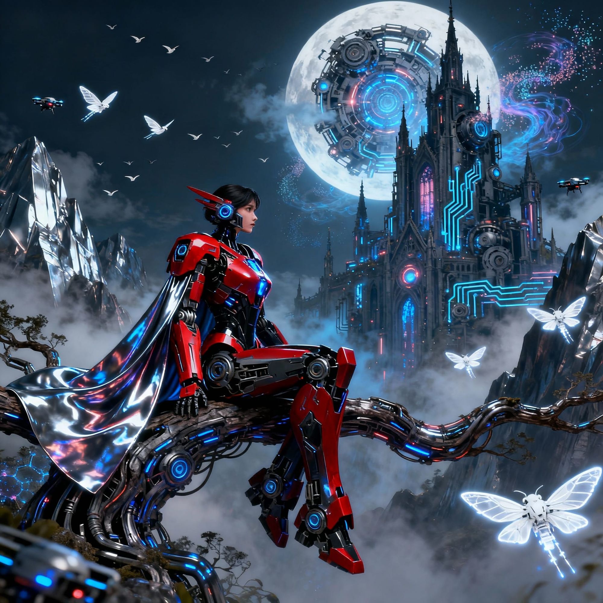 A dark fantasy scene reimagined with Transformers, a sleek red-and-black female Transformer with a flowing metallic cloak-like armor sits on...
