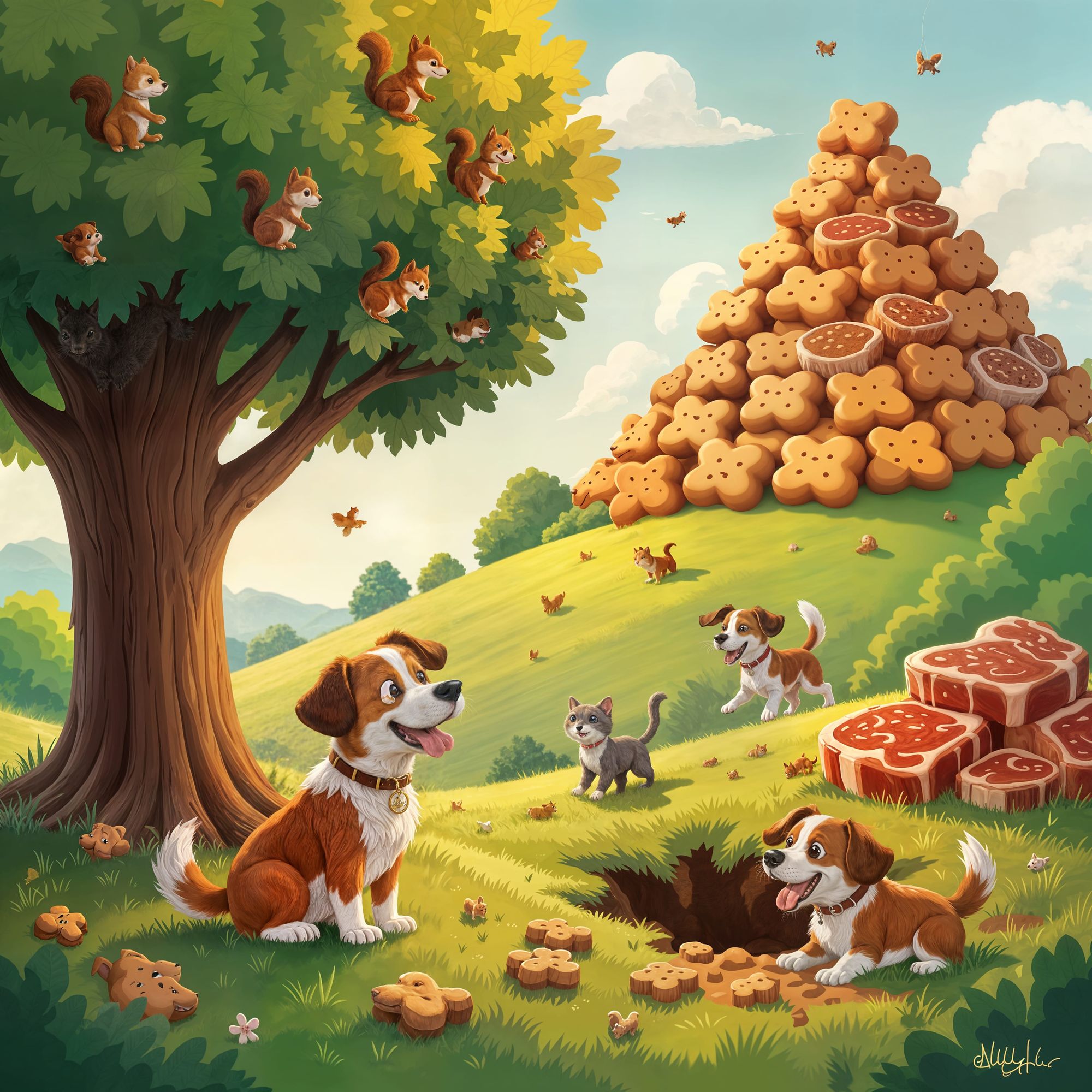 A dogs happy dream. There is a tree full of squirrels with a dog at the base of the tree, looking up. There is a hill of milk bones dog cook...