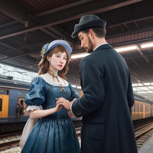 " an engaged couple on a station platform, deep color mornin...