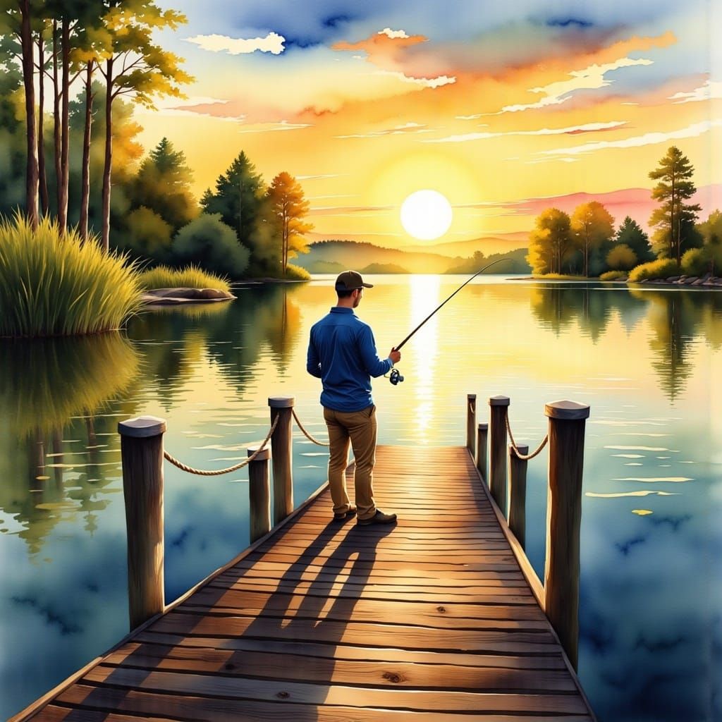  <lora:MOwatercolor Flux:1.0> A man standing at the end of a dock that leads to a pond, fishing, golden hour