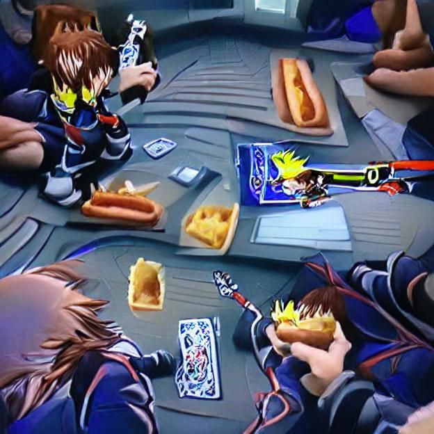 Sora from Kingdom Hearts plays yu-gi-oh while eating a hotdo...