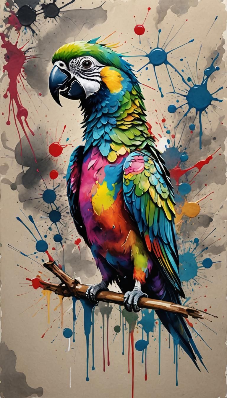 A notebook cover watercolor of a abstract baby parrot ,  gra...